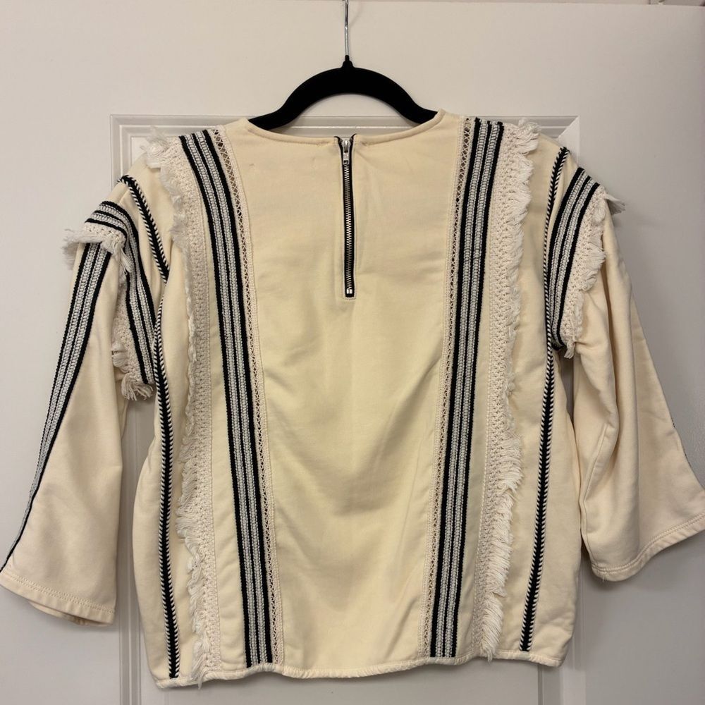 ANTHROPOLOGIE ERI + ALI Fringe Top Trim Black Cream Blouse Women’s Size XS - Picture 4 of 6